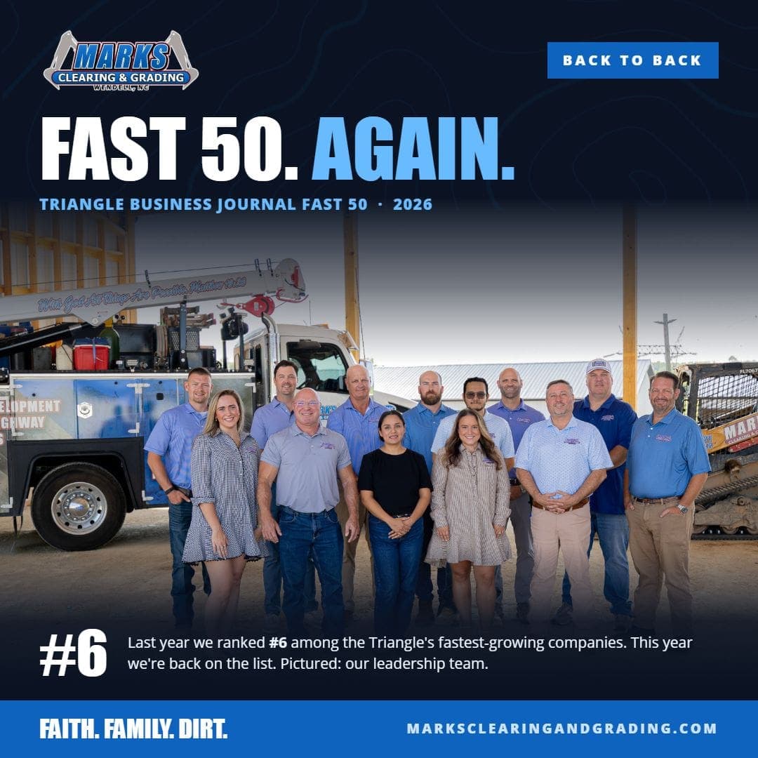 Marks Clearing & Grading leadership team standing in front of a Marks service truck and track loader, with the headline Fast 50. Again. for the Triangle Business Journal 2026 Fast 50